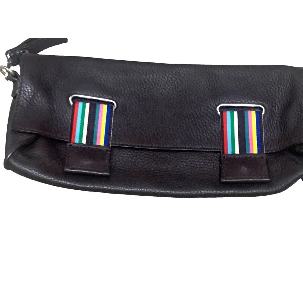 Latico‎ Pebbled Leather Brown Wristlet w rainbow colorful striped snap closures